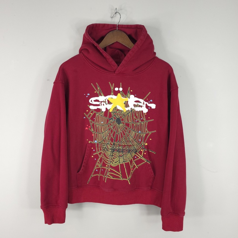 Sp5der Hoodie Mens Small Red Graphic Web Star Pullover Cotton Fleece Sweatshirt